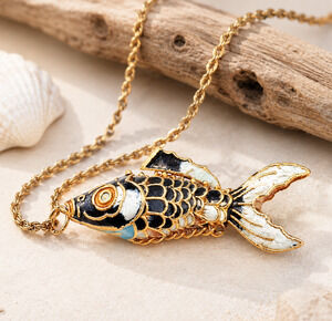 Vintage Cloisonne Articulated Fish Necklace 925 Italy Gold Vermeil Rope Chain 30